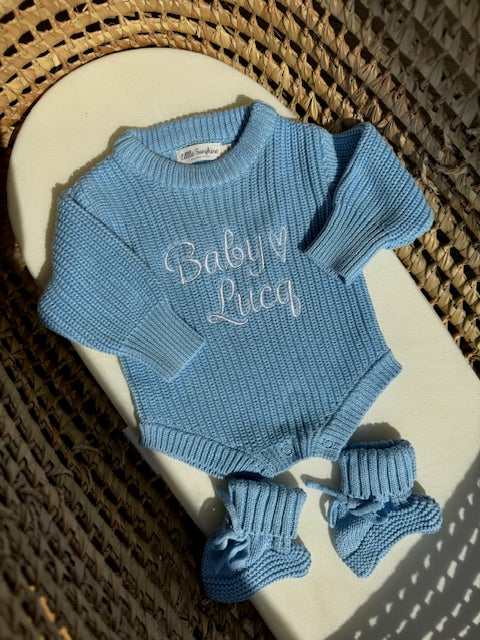 Blue chunky knit romper & booties set
