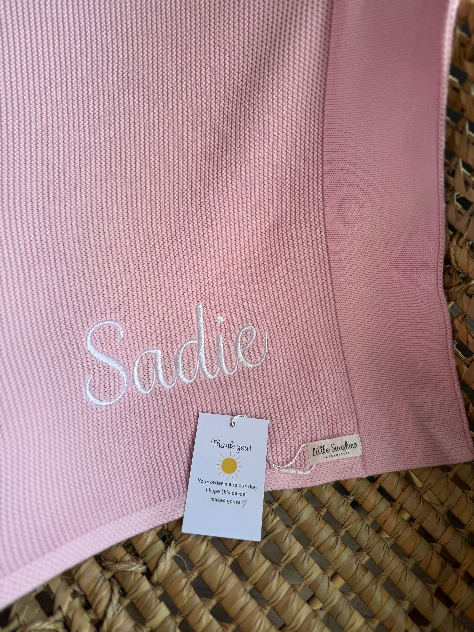 Pink personlised cotton baby blanket White Juniper Yes