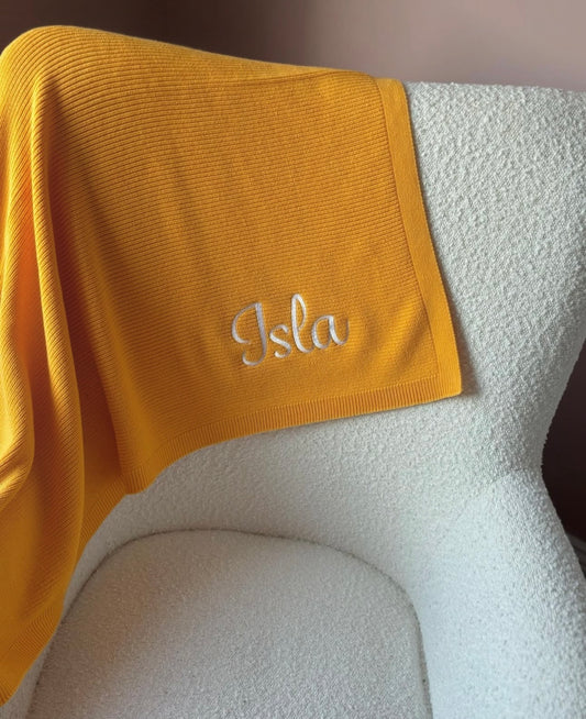Mustard yellow white personlised cotton baby blanket
