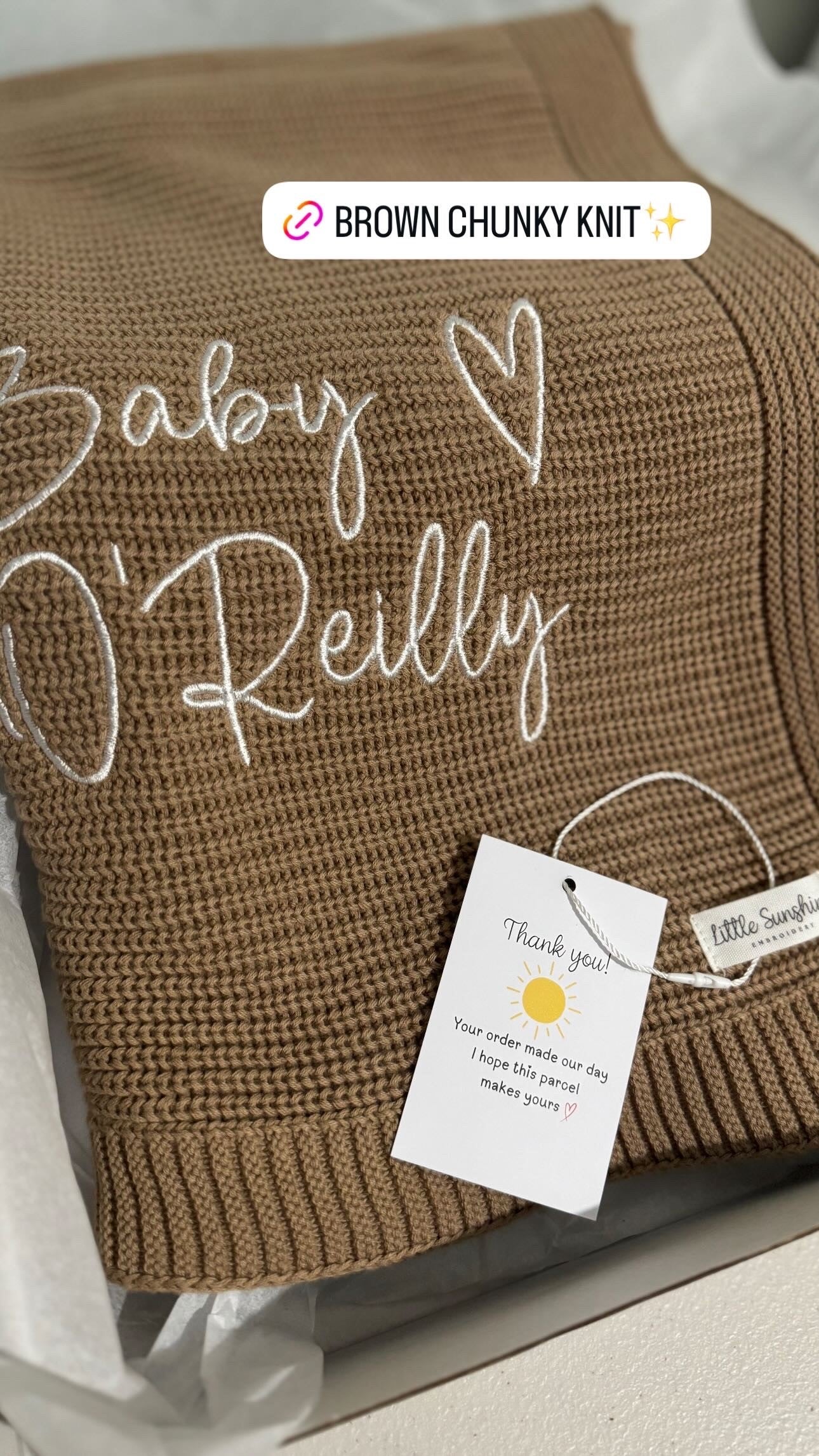 Chunky knit brown personlised cotton baby blanket